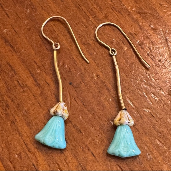 Natural Turquoise Tulip Dangle Earrings 14K Yellow Gold Filled - Picture 2 of 15